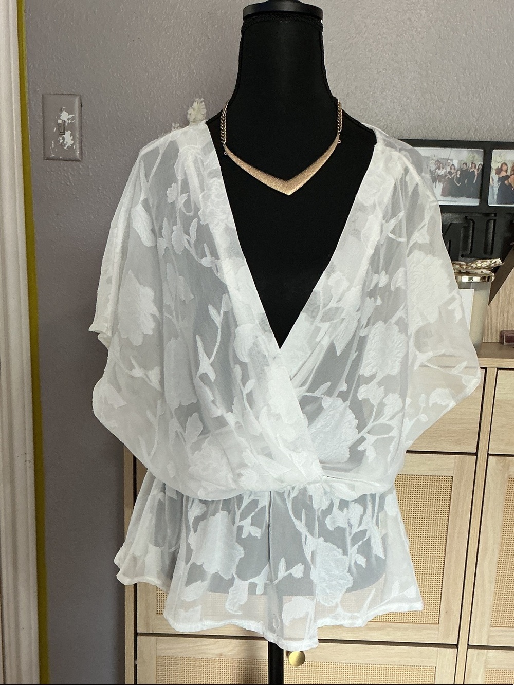 a'gaci White Floral Sheer Wrap Blouse